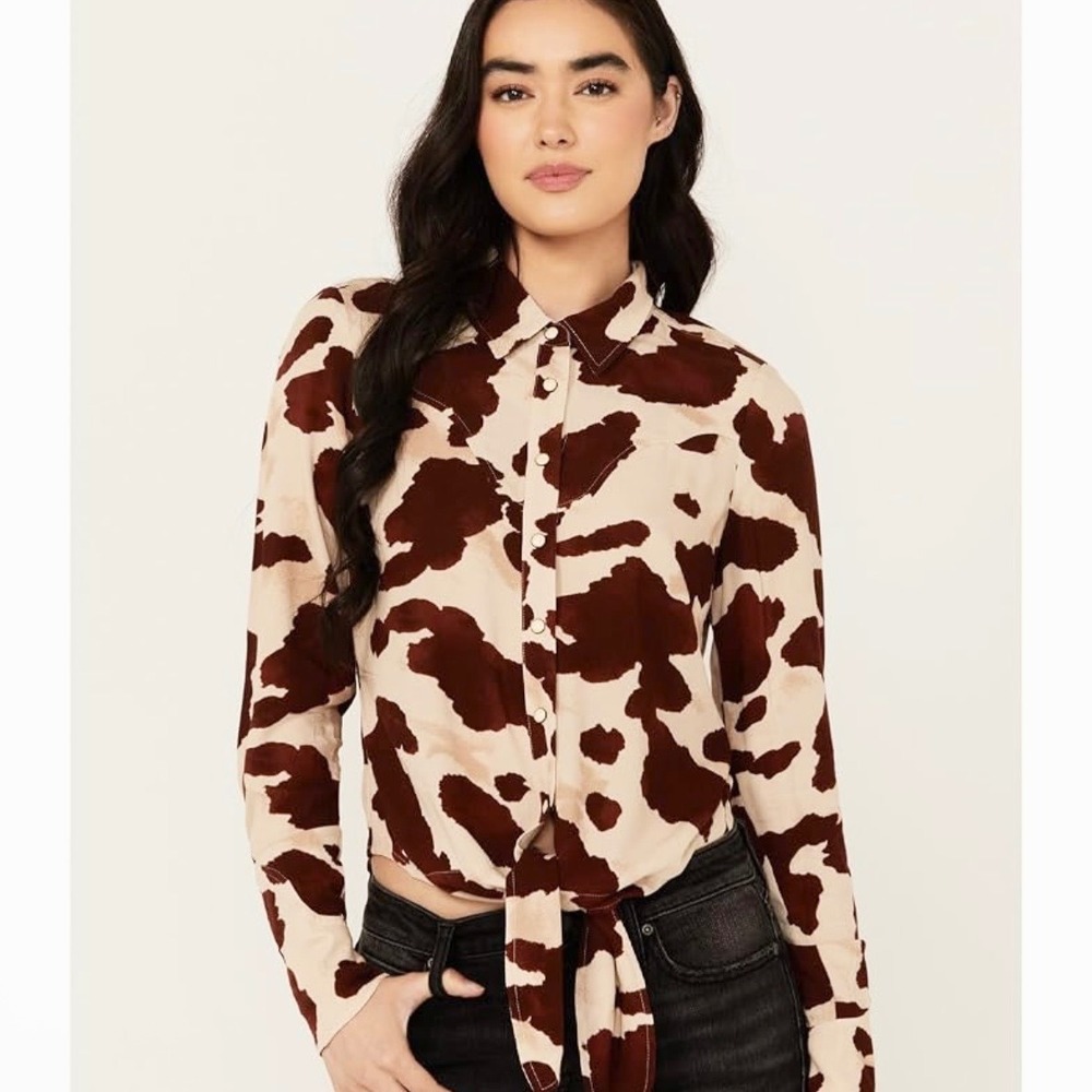 Idyllwind Miranda Lambert Shirt Size XXL Brown Cow Print Western Tie Front Snap
